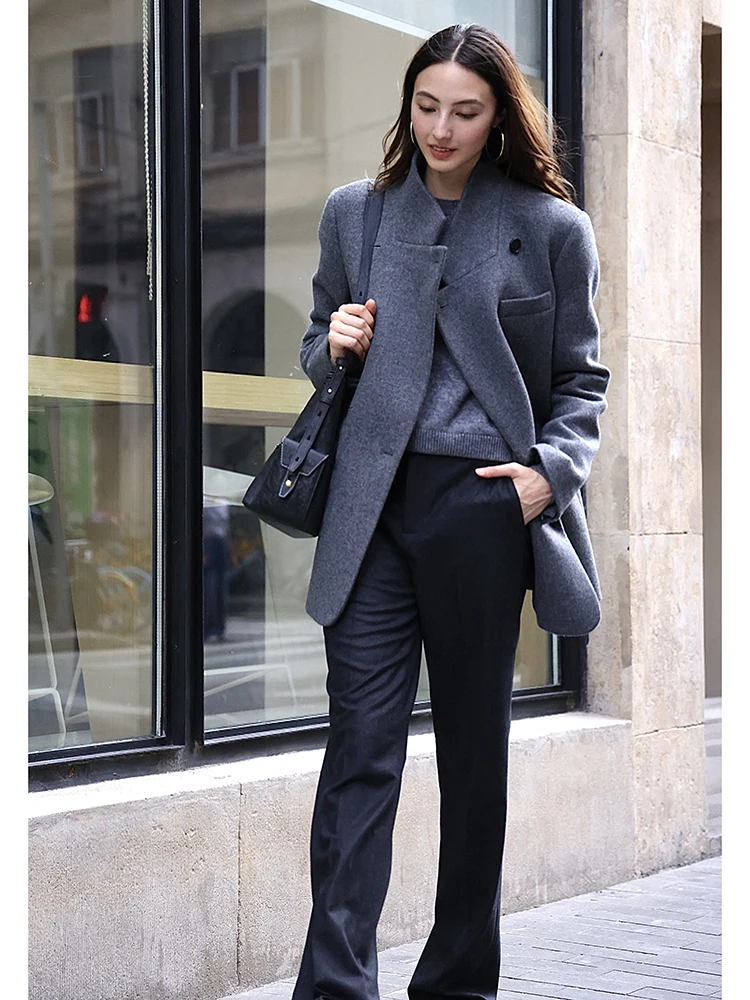 FANNIU 가을 겨울 모직 플란넬 펜슬 바지 통근용 여성용 긴 스트레이트 레그 바지 다리 길이 효과