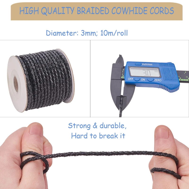 10 M/ม้วน 3 มม.รอบ Braided Cowhide ของแท้เครื่องประดับเชือกสําหรับ DIY สร้อยคอสร้อยข้อมือเครื่องประดับทํา