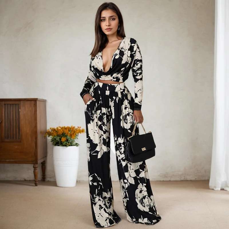 

Ink Flower Print Two Piece Sets Fashion V-neck Ruched Women's Sets Casual Long Sleeves Swing Collar Crop Wide Leg Pants Suits