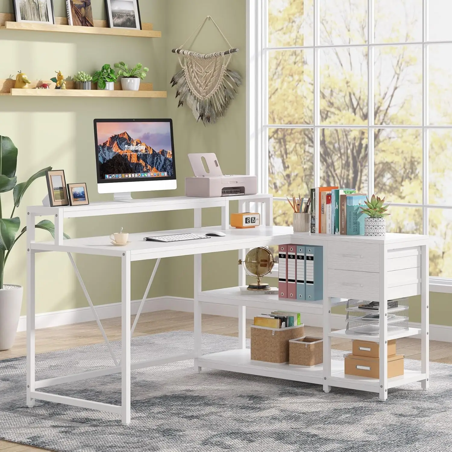 55-inches Reversible L Shaped Desk with Drawer, Modern White L Corner Desk Home Office Table with Storage Shelves