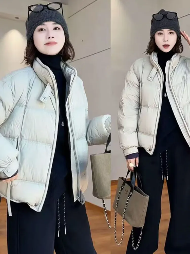 

Short Puffer Jacket Women's 2026 Winter New Fashion Korean Loose Slimming Stand Collar White Duck down Warm Outerwear Trendy