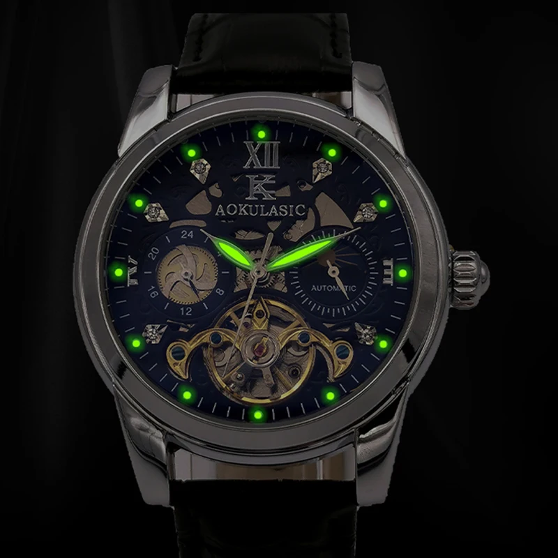 AOKULASIC Men Mechanical Waterproof Wristwatch Fashion Luxury Automatic Business Tourbillon Full Steel Luminous Moon Phase Clock