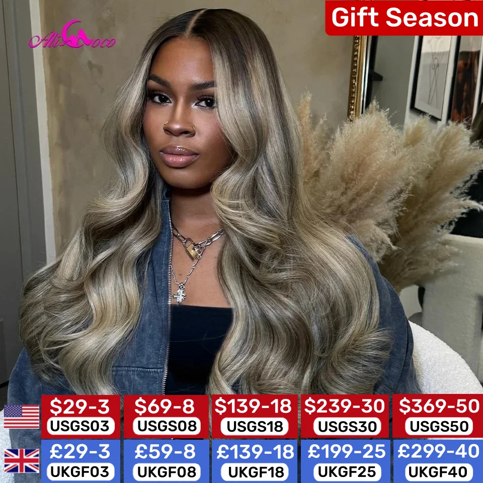 13x4 13x6 Ash Blonde Highlight Colored Transparent Lace Front Wigs Human Hair Body Wave Lace Frontal Wigs Pre Plucked For Women