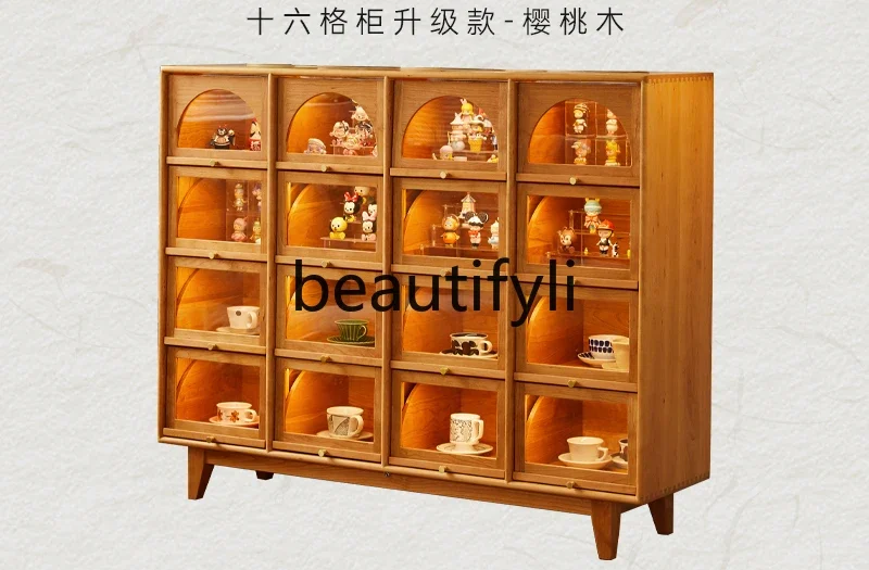 

Sixteen-grid cabinet solid wood retro display cabinet edge cherry wood bucket cabinet medieval furniture