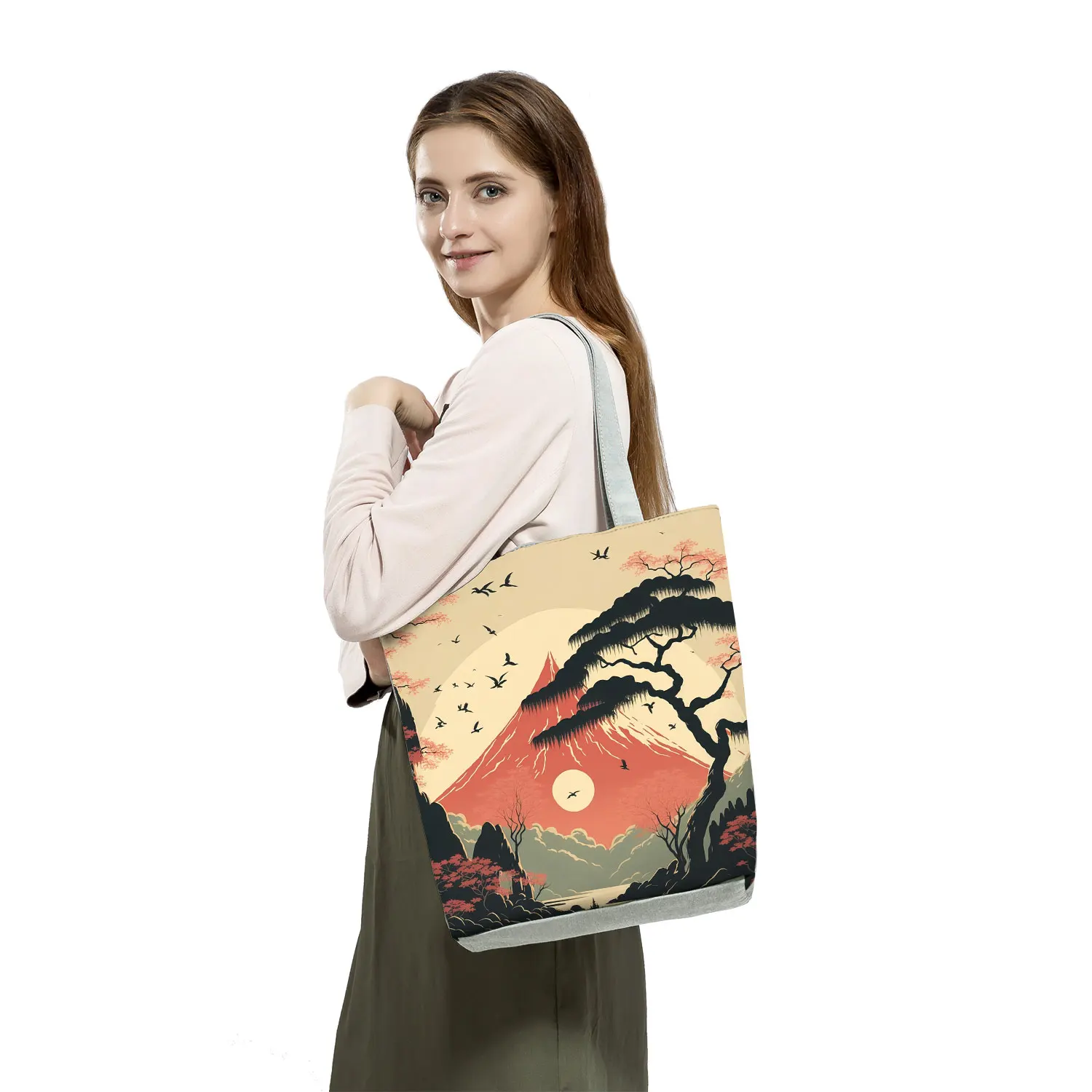 Japanese Style Ukiyoe Handbags Women\'s Tote Bags Shopping Bag Ink Painting Landscape Printed Eco Reusable Casual Custom Pattern