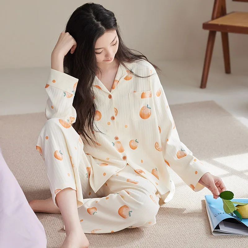 Women Home Clothes For Autumn Pajamas Set Turn-Down Neck Sleepwear Fruit Pattern Pijamas Mujer Long Sleeve Cotton Pyjamas Female