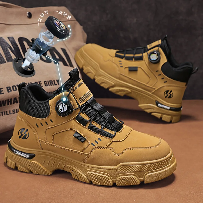 Fashionable rotating button cover men's short boots for autumn and winter  new leather high top casual sports trend men's boots