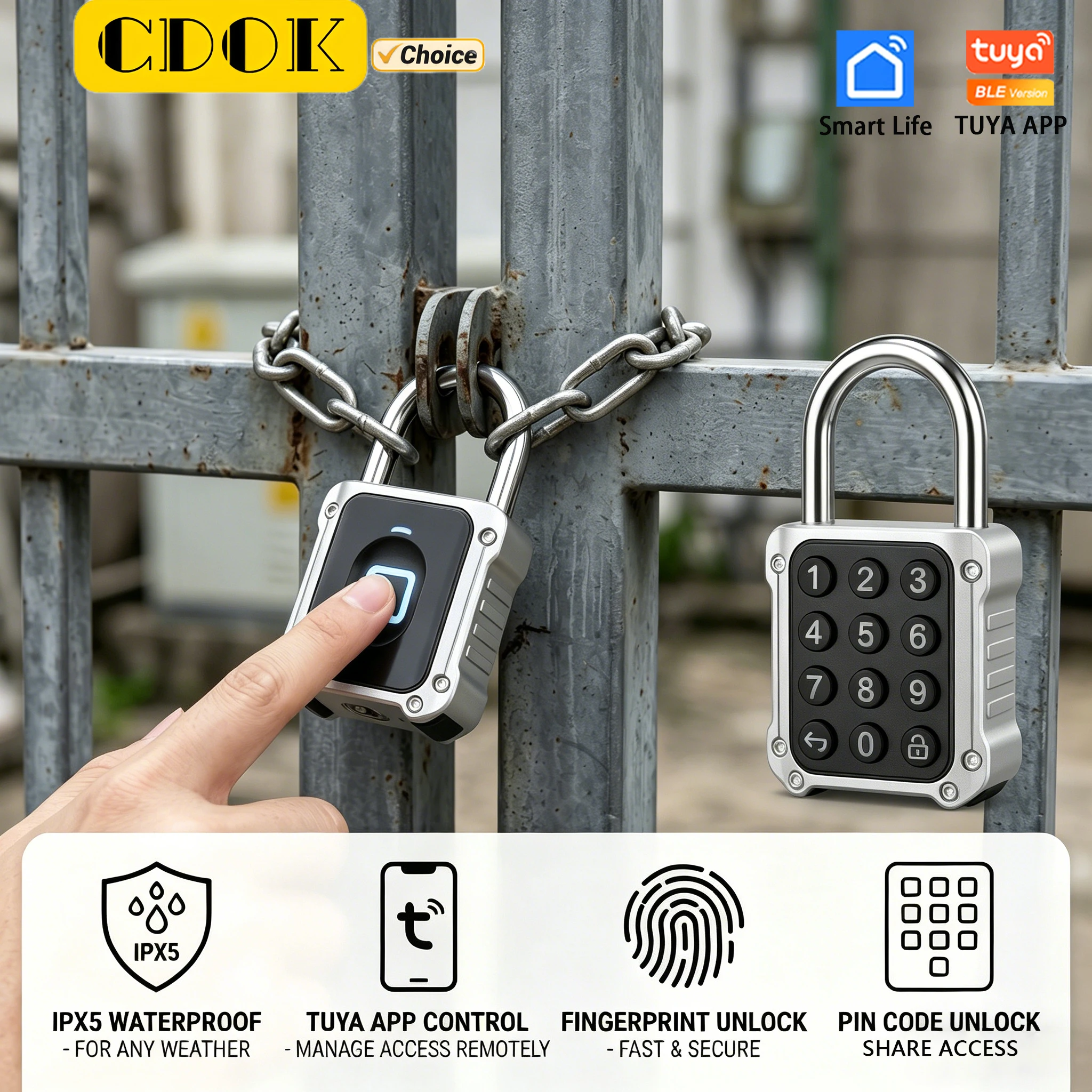 CDOK SY702 Smart Padlock, Tuya Bluetooth Version, Fingerprint Unlock, Password Unlock, Outdoor Waterproof.
