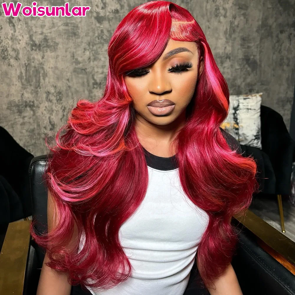 

34 inches Ombre red and pink Front Lace wigs human hair 13X4 13x6 Transparent Lace body wave 180% For Women Human Hair Wig 100%