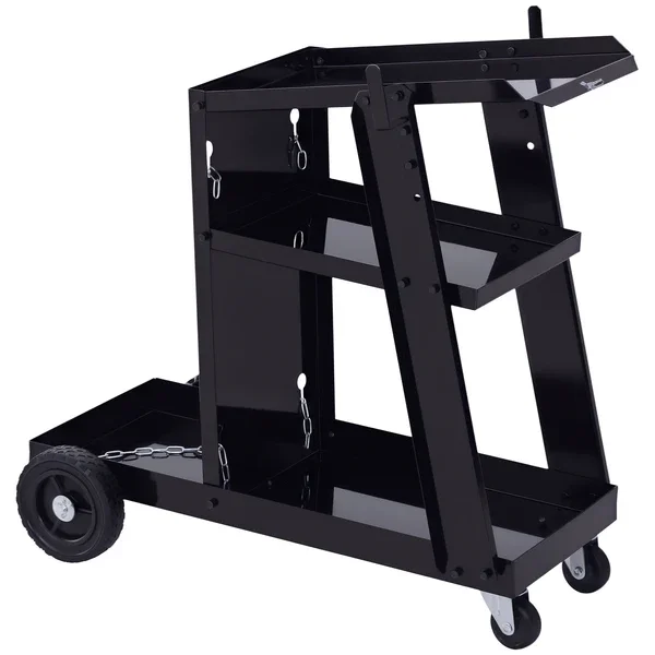 

Welding Workhorse: Heavy-Duty 3-Tier Welder Trolley Cart with Safety Chain, Black