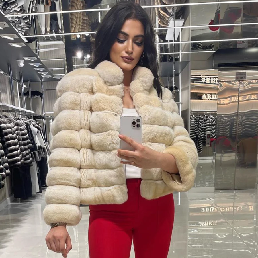 Real Fur Coat Women Luxury Chinchilla Colour Fur Coat Short Real Rex Rabbit Fur Coats For Women Warm Winter Best SellerReal Fur