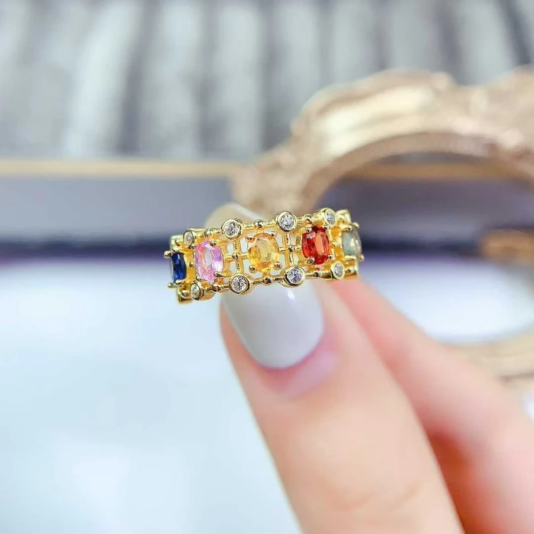 

vintage design 925 silver gemstone ring natural multi-color sapphire ring 3mm*4mm total 0.75ct sapphire jewelry