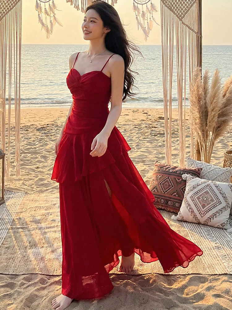 

Длинное сексуальное платье на тонких бретелях с открытой спиной для женщин, летнее модное платье без рукавов с открытыми плечами, облегающее, с оборками, красное, для вечеринок