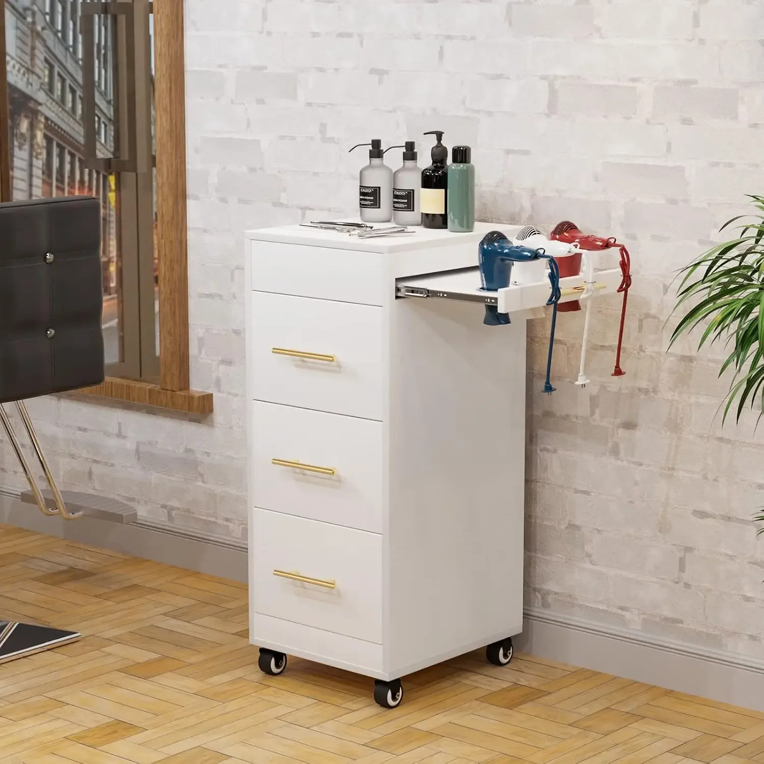 Salon Trolley Cart With Wheels Wooden Hair Storage Cabinet Stylist Cart Mobile Hairdressing Barber Station For Beauty Spa Barbershop 3 Large Drawers 3 Hot Tool Holders White