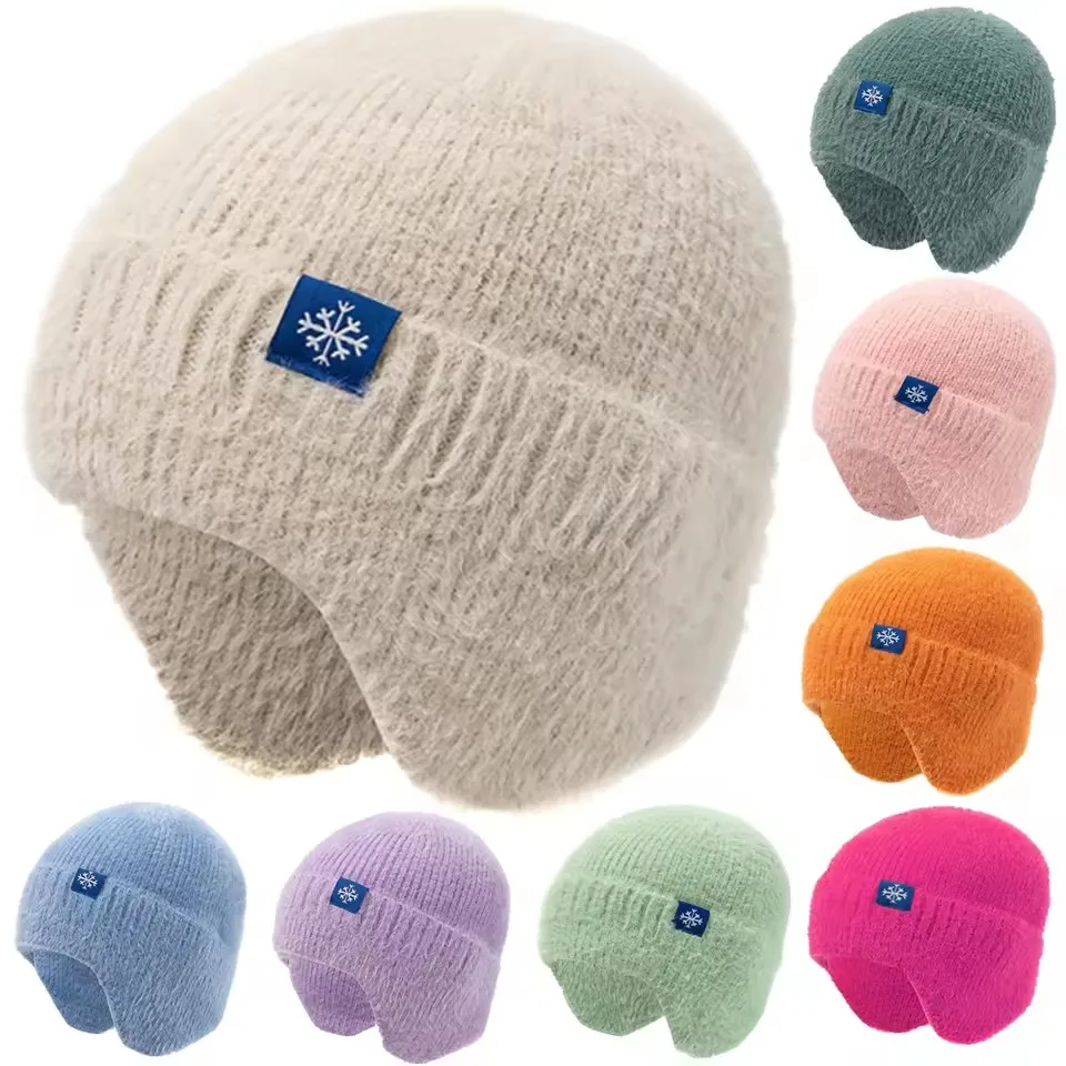 1pc Women Earflap Winter Hat Candy Colors Fashion Faux Fur Knitted Hat Kpop Style Soft Beanie Hats Female Streetwear Cap