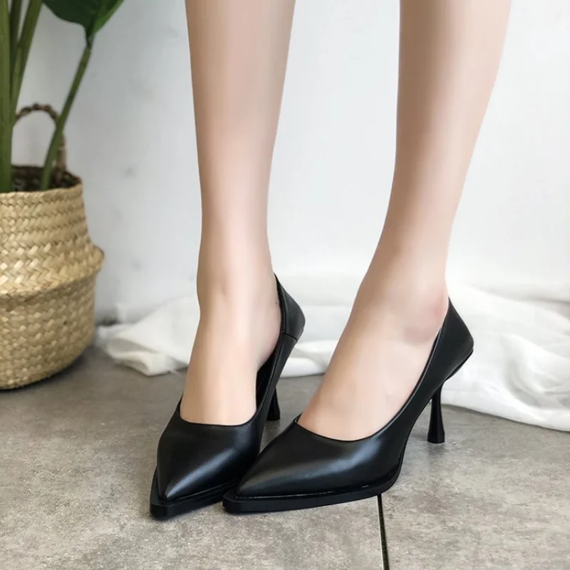 2024 NEW Women\'s Shoes LEATHER Woman High Heels Pointed Toe Women Pumps for Fashion Office Lady Slip on Sock Free White Black