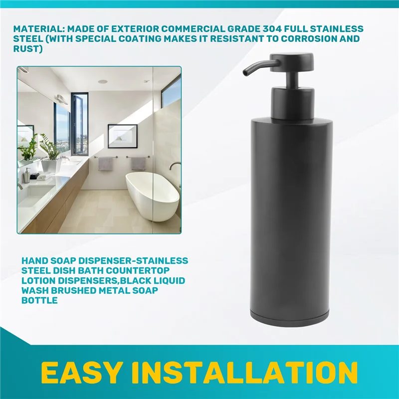 B92A Hand Soap Dispenser-Stainless Steel Dish Bath Countertop Lotion Dispensers,Black Liquid Wash Brushed Metal Soap Bottle