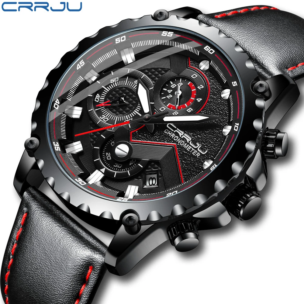 

CRRJU Watch for Men Leather Sports Watches Men's Army Military Quartz Wristwatch Chronograph Male Clock Relogio Masculino