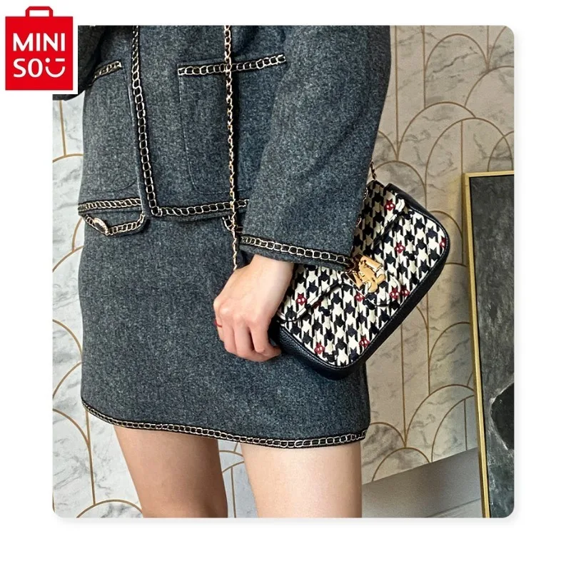 MINISO Disney Light Luxury Checkered Chain Underarm Bag for Women's Fashion High Quality Dinner Storage Cambridge Bag