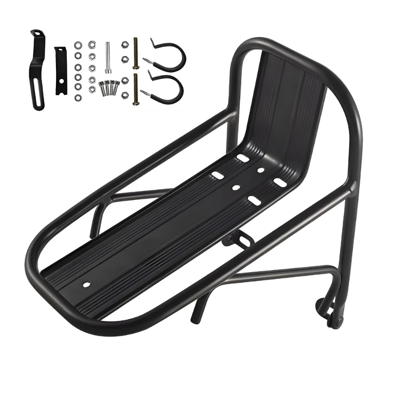 Front Bike Rack Aluminum Cargo Platform with Side Guards and Front Fork Mount for Everyday Bicycles Use on City Streets
