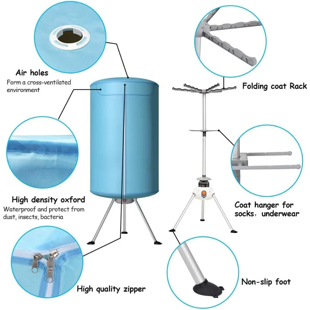 COSTWAY 23597-CYEP، غسيل بدون فتحات، آلة تجفيف ساخن مع سخان للمنزل والمسكن مجفف ملابس محمول