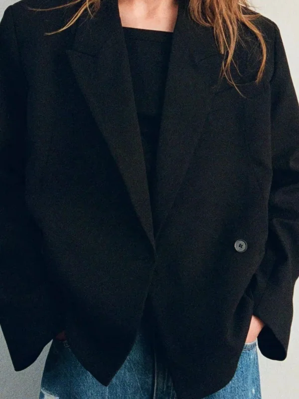 

New 2025 Autumn High-End Commuter Bla ort Double-Breasted Long Sve Suit Jaet Women's Casual Loose Polyester Fiber