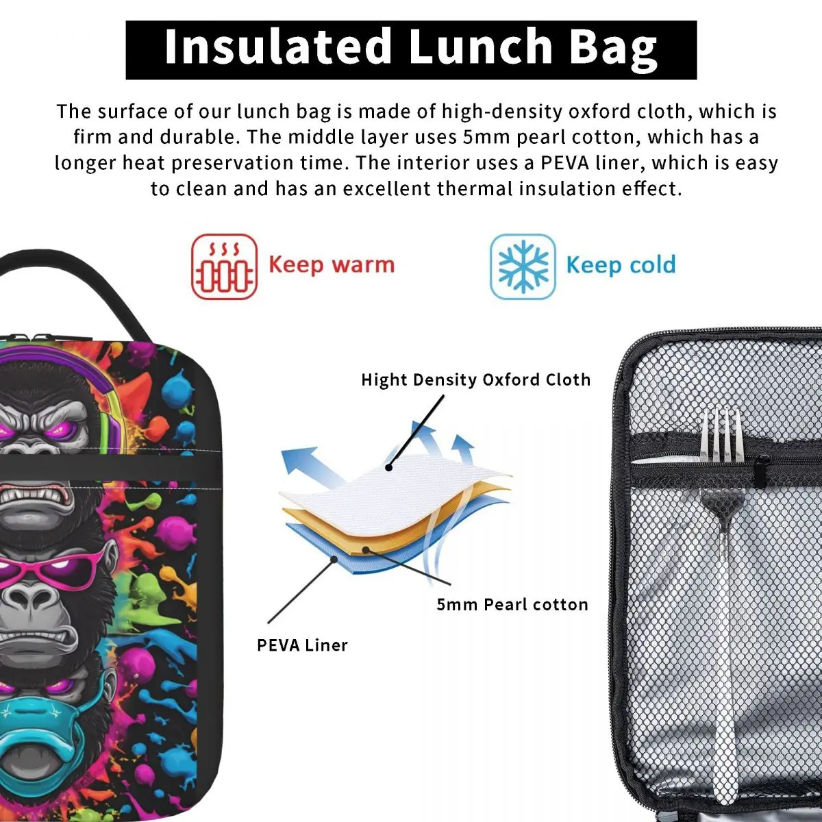 حقيبة غداء آرت غوريلا، صندوق غداء مضحك، حقائب غداء حرارية محمولة للفتيات، حقيبة تبريد مطبوعة أكسفورد