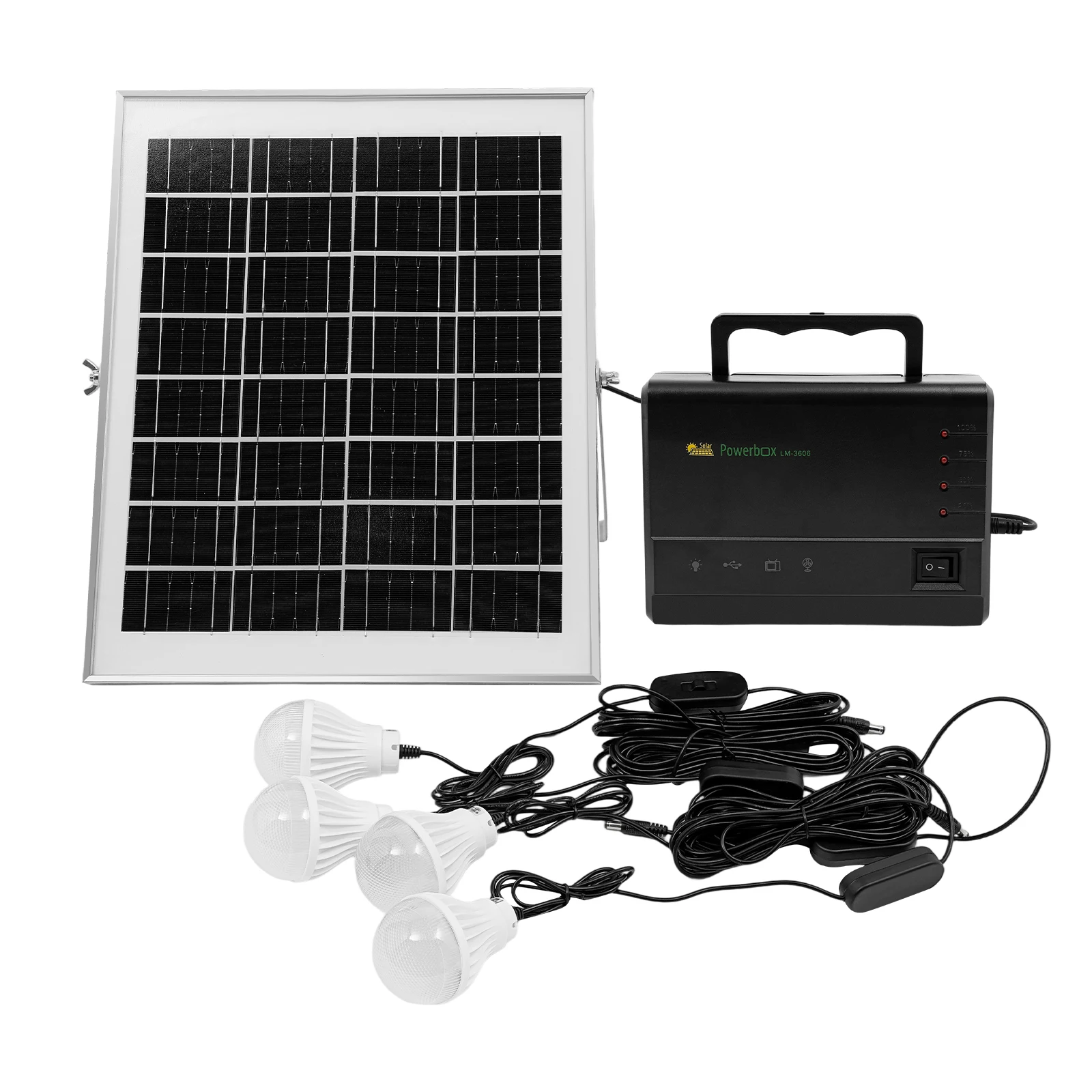 Solar Power Inverter with Light, US Standard, Wide Voltage, Solar Panels Compatible, Multi Outlet: 2 USB, 1 12V TV/Fan Port, 4 Bulb Sockets, Durable Monocrystalline Silicon ABS, for Emergency Home Lighting, Charge Phone Fan