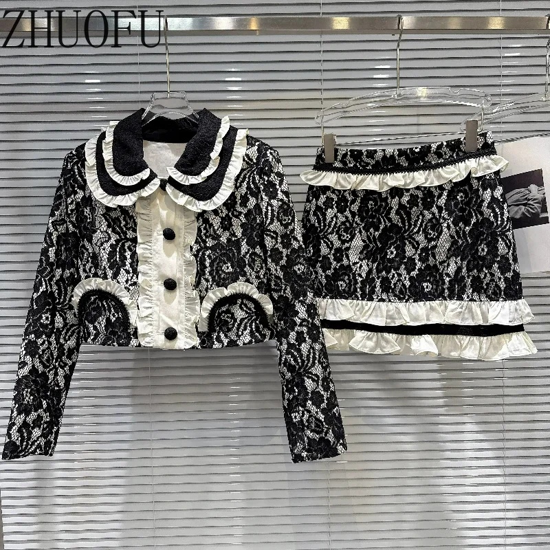 Sweet Ladies Floral Lace Splicing Suit Layer Ruffle Trim Long Sleeve Jacket Frill Hem A-line Short Skirt Y2K 2 Piece Outfit New