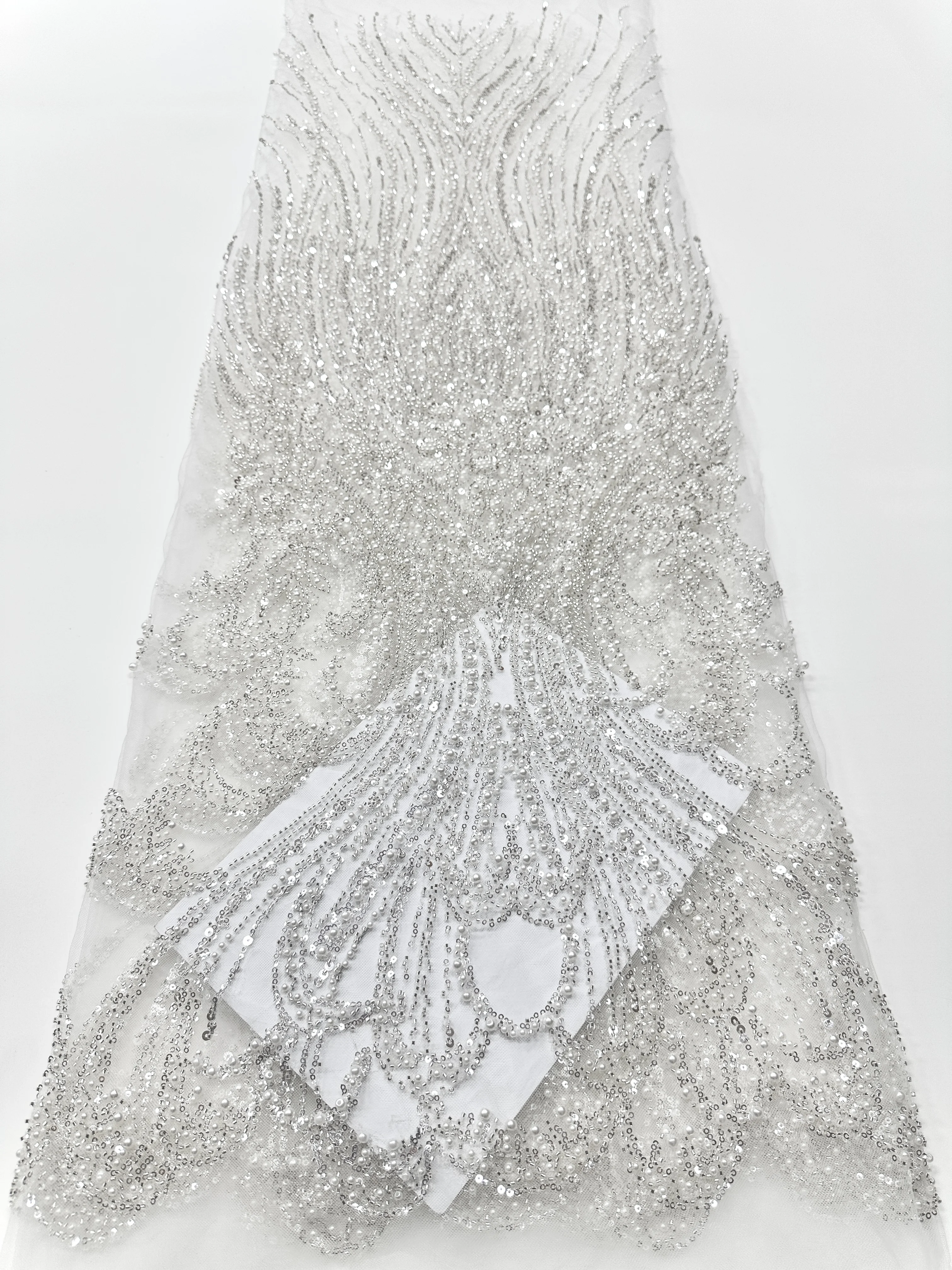 

African Heavy Beaded Lace Fabric 2025 High Quality Nigerian Sequin Pearl Lace French Tulle Fabric For Wedding Party Dress Sewing