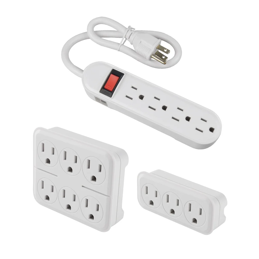 3 Piece Power Strip Set 4 Outlet Surge Protector with Circuit Breaker 6 Outlet Adapter 3 Outlet Wall Plug Indoor Use