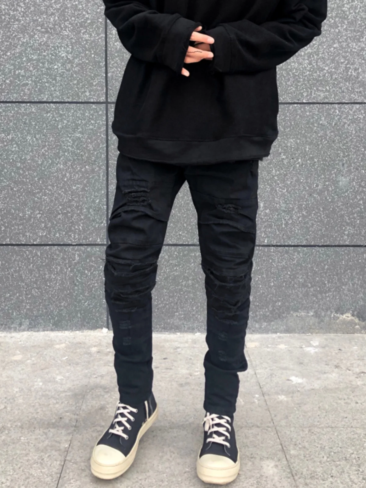

Trendy Men's Slim Fit Jeans FOG Patchwork Casual Long Pants High Street Sle Bla Cotton Elastic mid Waist Zipper Fly