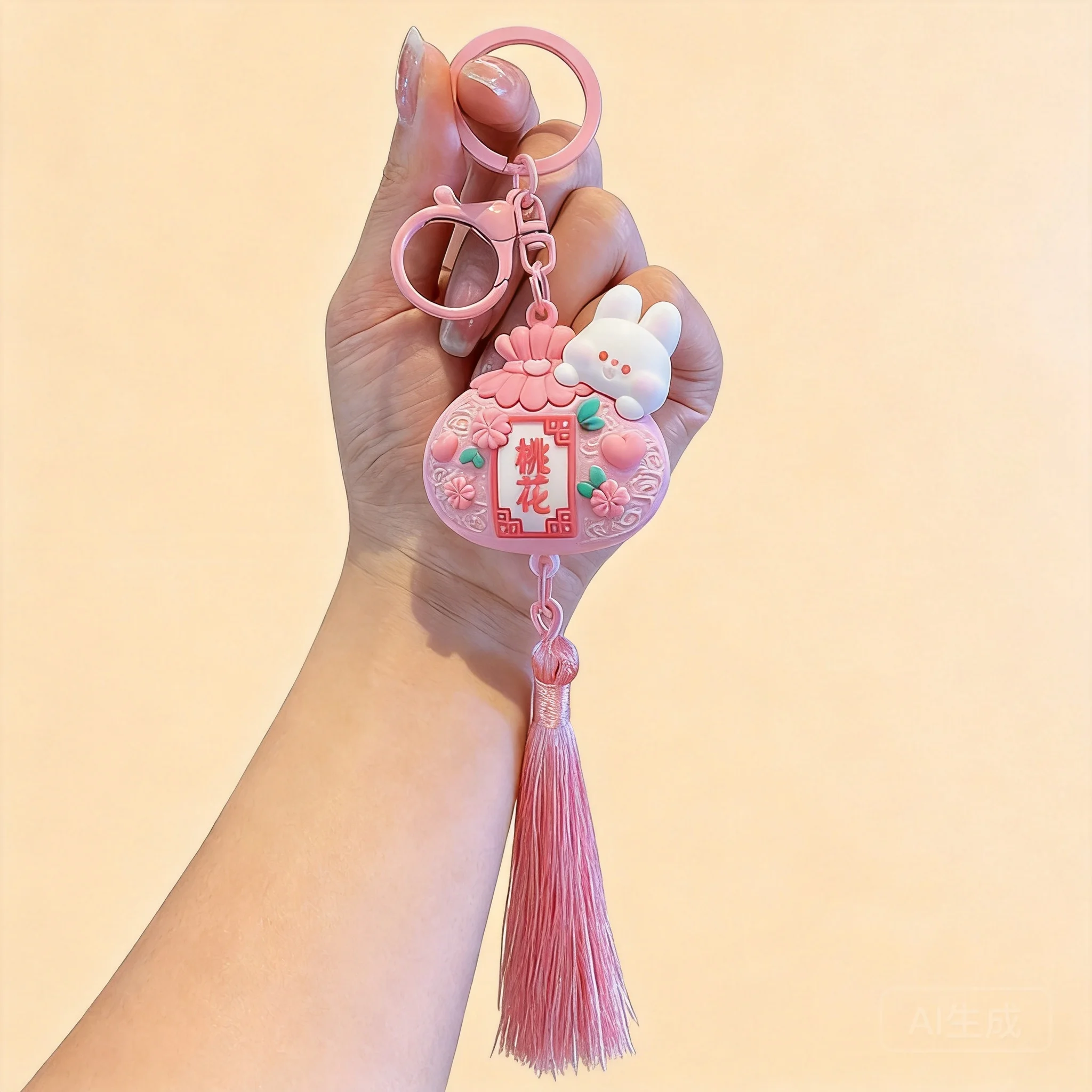 Chinese Style Lucky Peach Blossom Blessing Bag Keychain Cute Rabbit Pink Tassel Pendant Good Luck Car Key Chain Bag Accessory