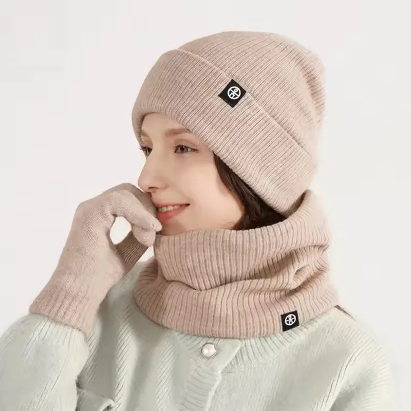 3pcs Winter Warm Bean Hat Gloves Scarf Hat for Unisex Soft Thick Warm Cashmere Knitted Set Touch Screen Gloves Outdoor Equipment