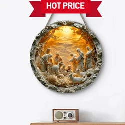1pc 2D Nativity Scene Wooden Sign Religious Relief Effect Design Jesus Born Wreath Sign for Church Front Door Wall Hanging Decor