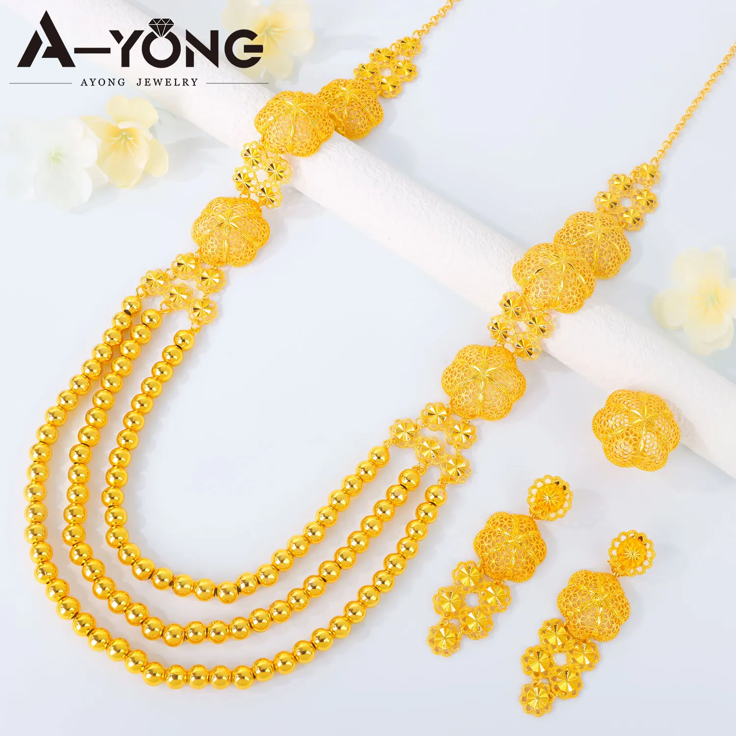 Arabic Bridal Wedding Beaded Jewelry Set High Quality Gold Color 3pcs Necklace Ring Earrings Ethiopian Women Party Jewelrys