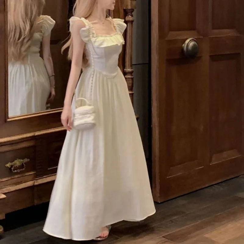 2025 Nieuwe Zomer Zoete Lange Jurk voor Vrouwen Elegante Vierkante Kraag Ruche Witte Fee Jurken Temperament Hoge taille Vestidos