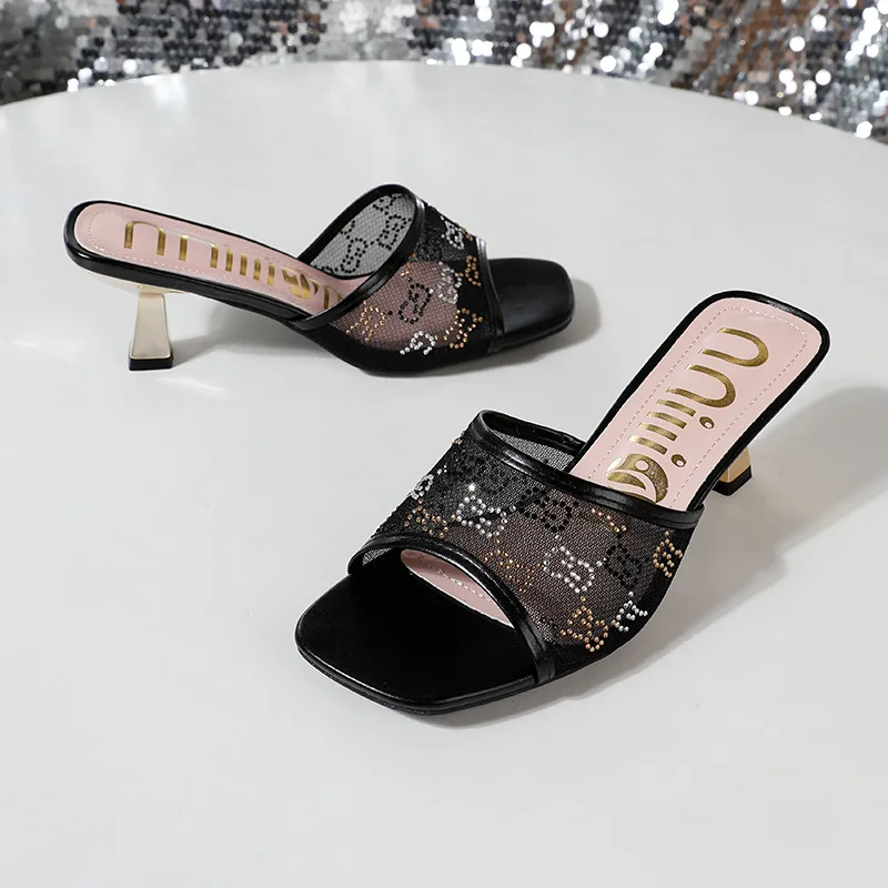 2024 Summer Women's Slippers Fashion Square Toe Rhinestone Mesh Stiletto Breathable High Heel Slippers Banquet Wedding Shoes