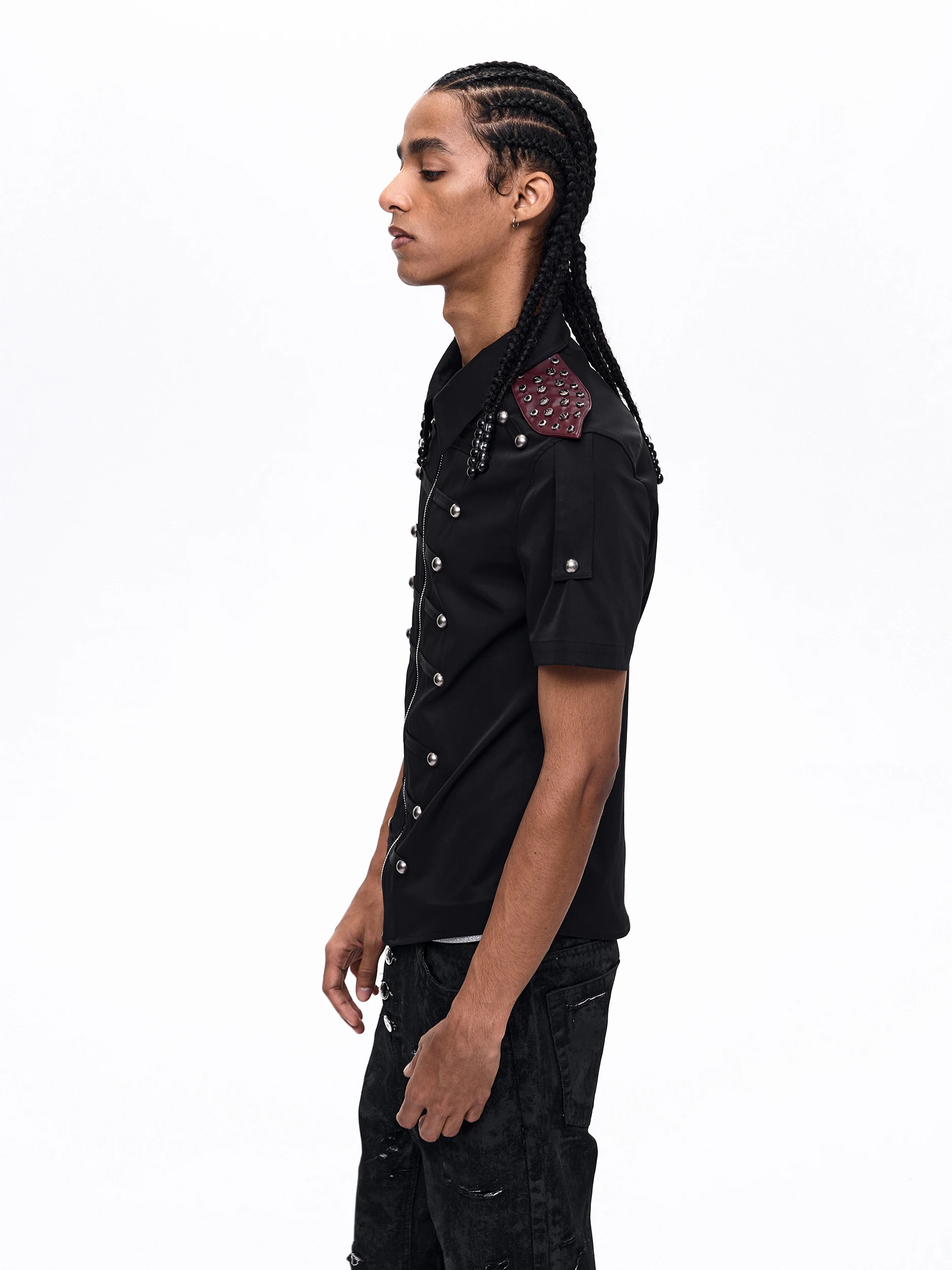 Napoleon Short Sleeve Shirt for Men Vintage Middle Ages Patchwork Rivet Zipper Shirt Youth Summer Polyester Fiber Slim Fit