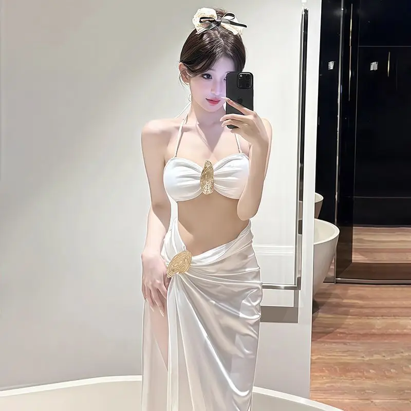 Trendy Three Piece Swimsuit Set Sexy Halter Bikini with Matching Skirt Chic Resort Wear for Women Stylish Beach Outfit