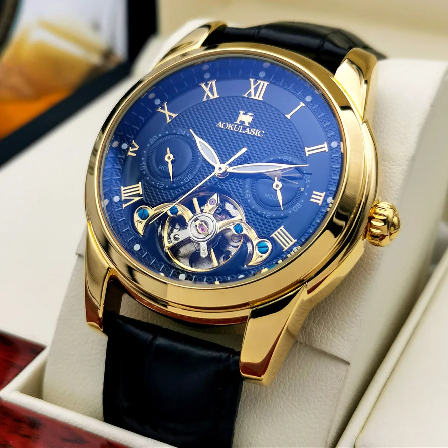 AOKULASIC Men Wristwatch Automatic Mechanical Military Sport Male Clock Top Brand Luxury Tourbillon Hollow Business Watch 542