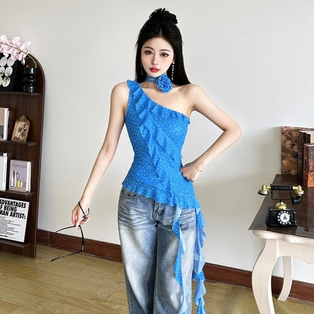 SylCue 메쉬 패치 워크 탱크 탑 여성 슬래시 넥 오프 숄더 플라워 홀터 도트 프린트 프릴 리본 우아한 스트리트 의상