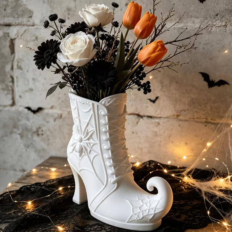 3D Printed Witch Boot Makeup Brush Holder,Plastic Spider Web Witch Shoe Cosmetic Storage Pot,Halloween Home Desk Decor Organizer