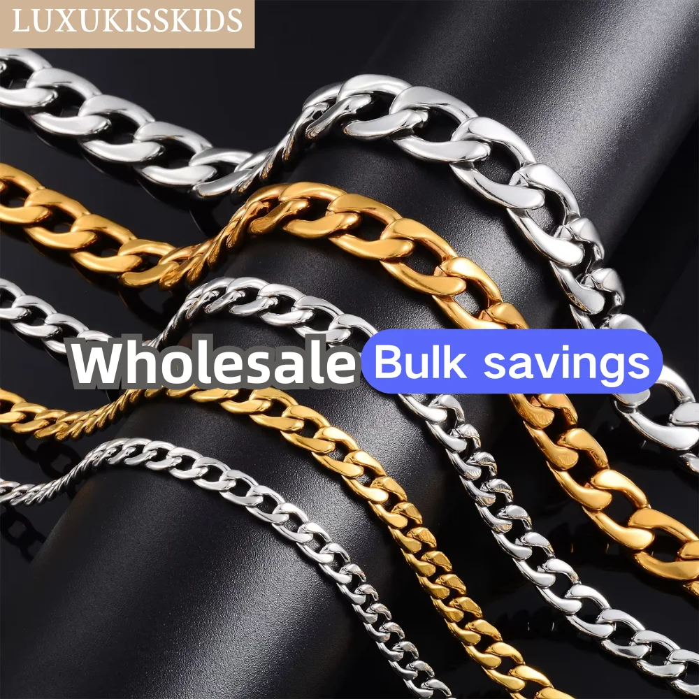 LUXUKISSKIDS Men's Chain Stainless Steel Necklace for Women Curb Chain Figaro Punk Cuban Link Choker Goth Silver Color Wholesale