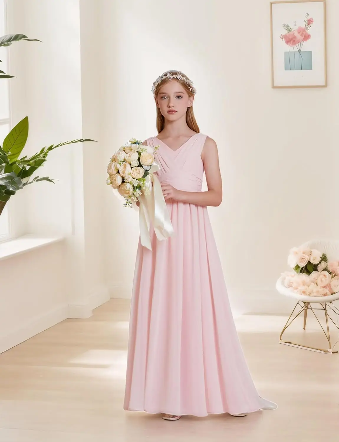 Vestidos de niña de flores de gasa Vestido largo fluido sin mangas formal de una línea para vestido de dama de honor junior de boda para niños