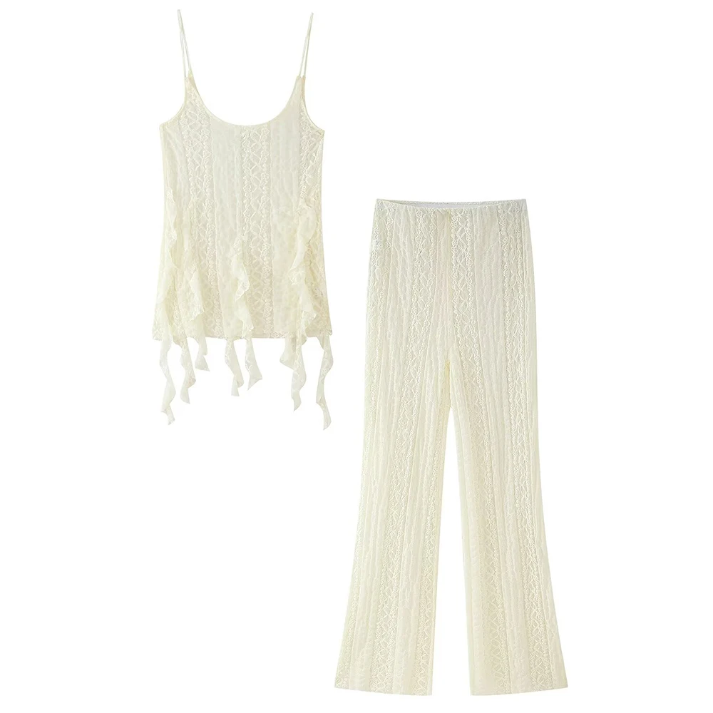

2025 New Fashion Women's Clothing European and American Style Lace Lotus Leaf Sexy Top High Waist Pants Set