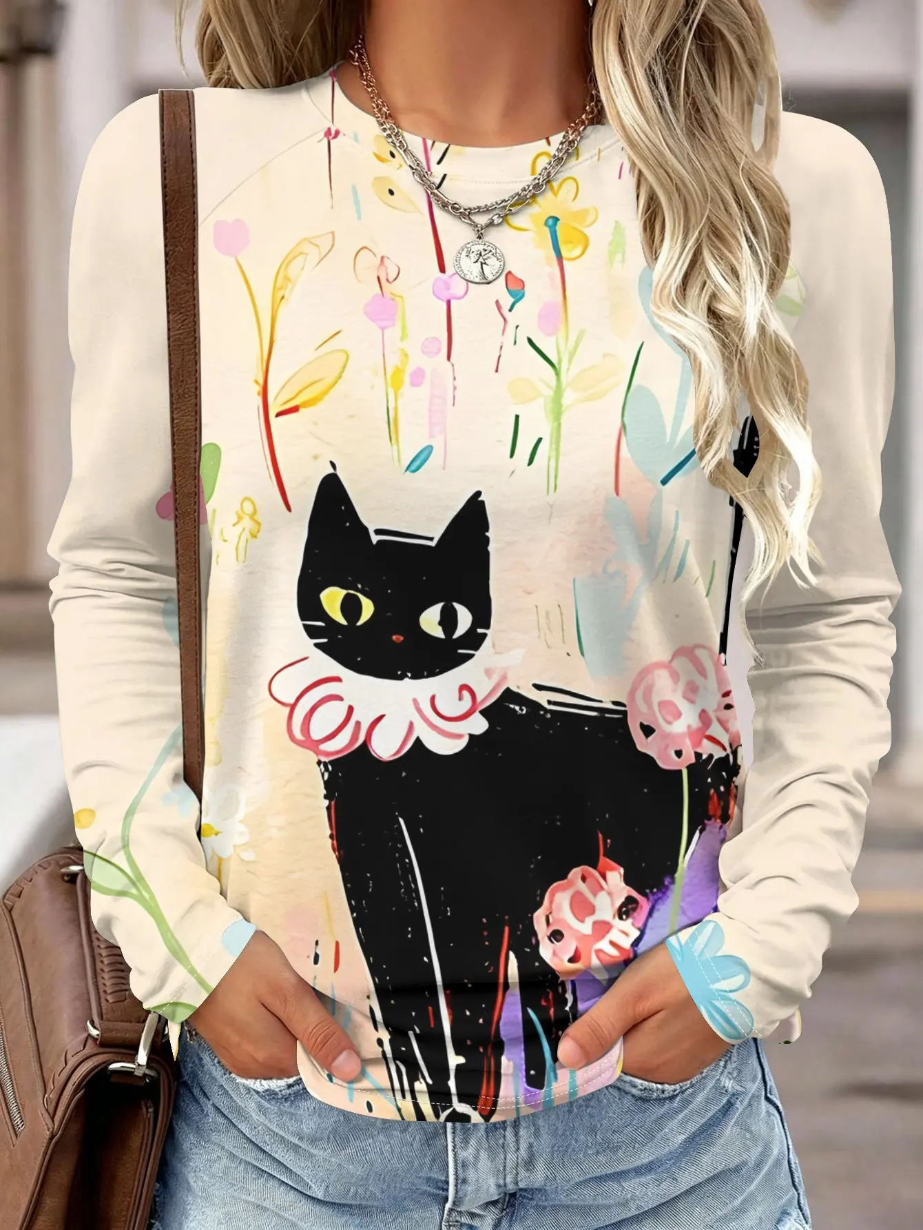 Women Long Sleeve Shirt Abstract Black Cat Floral Art Print Round Neck Raglan Casual Fall Tops Women's Clothes