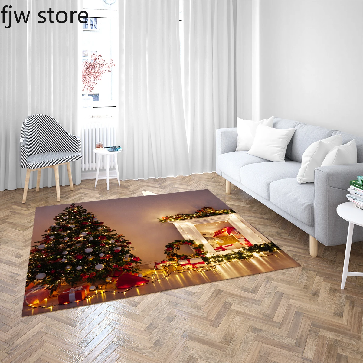 Christmas home decoration carpet  gift  tree fireplace printed  living room   floor mat