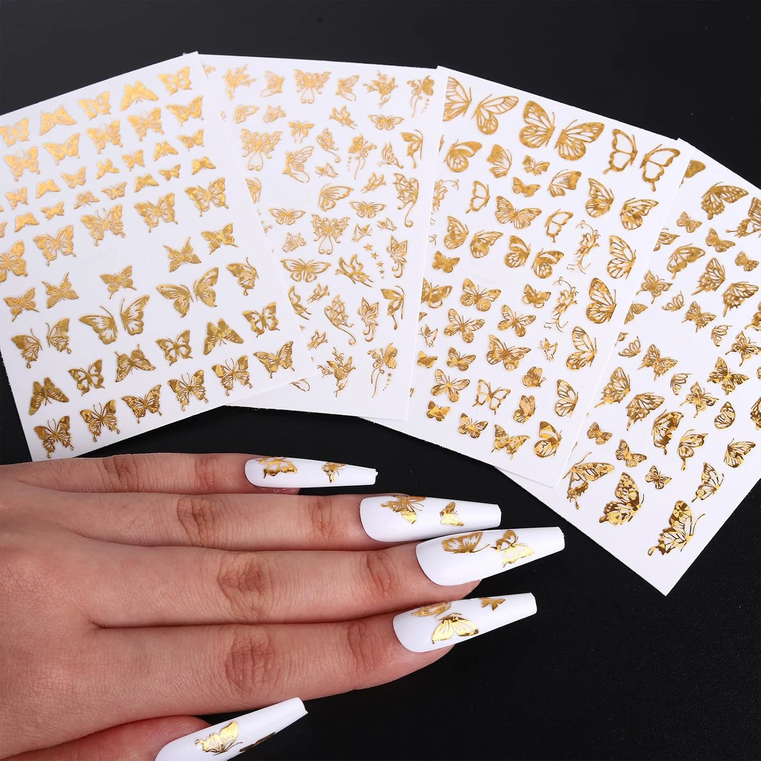 สติ๊กเกอร์ติดเล็บผีเสื้อโฮโลแกรมสีทอง 4 ชิ้น - สติ๊กเกอร์ติดเล็บฝรั่งเศส 3 มิติ เหมาะสําหรับทําเล็บที่บ้านหรือร้านเสริมสวย
