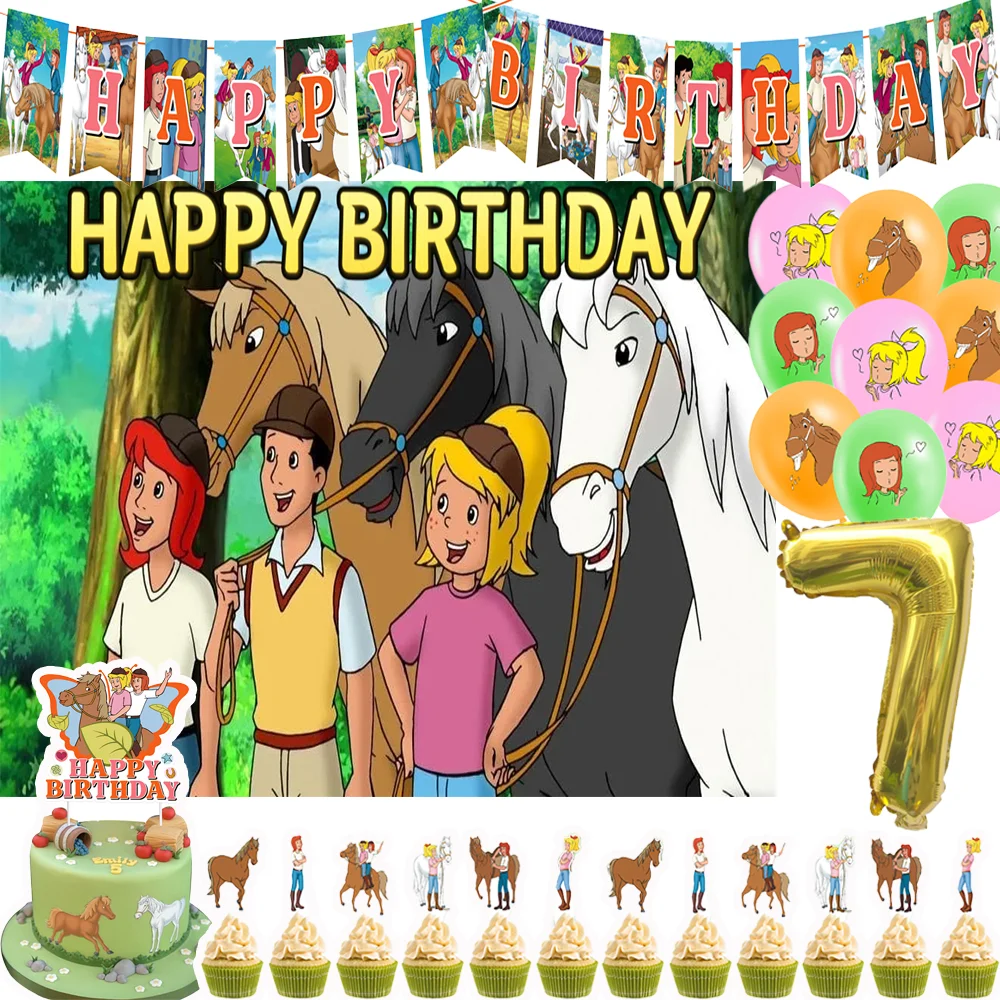 

Cartoon Bibi and Tina Theme Birthday Party Supplies Balloon Movie Horse Background Cupcake Topper Banner Baby Shower Supplies